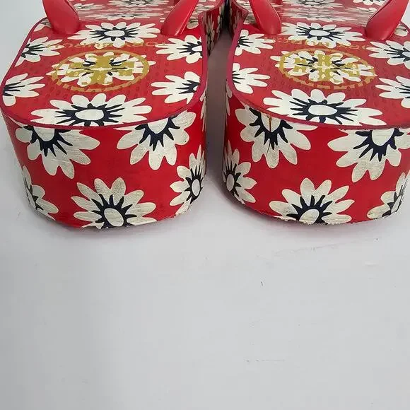 Tory Burch Red Flower Print Wedge Heel Flip Flop Sandals Women's Size Unmarked - Picture 7 of 12